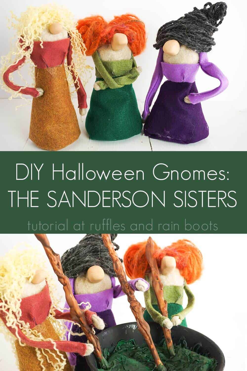 photo collage of DIY Hocus Pocus Halloween Gnomes with text which reads DIY halloween gnomes the sanderson sisters