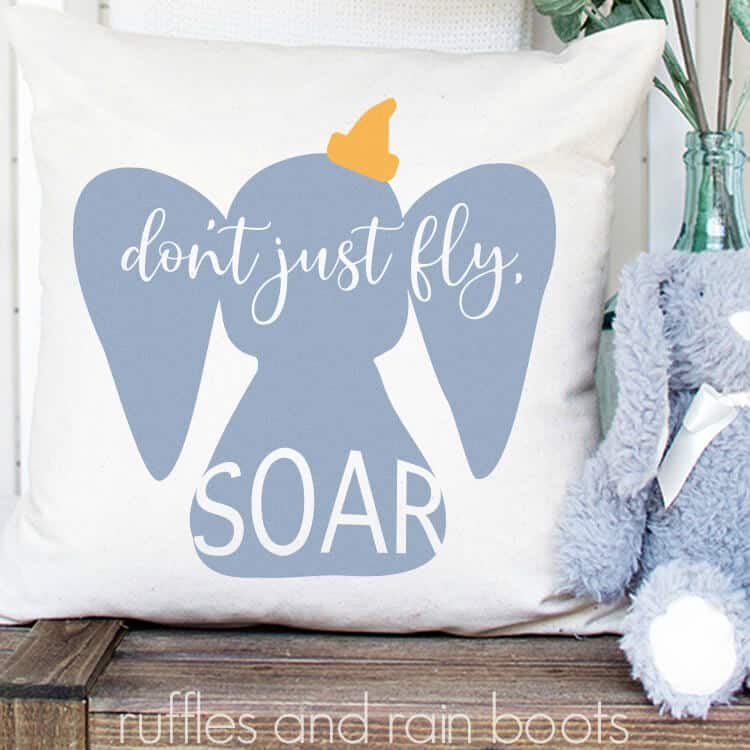 square image of elephant Dumbo SVG with quote on pillow in nursery