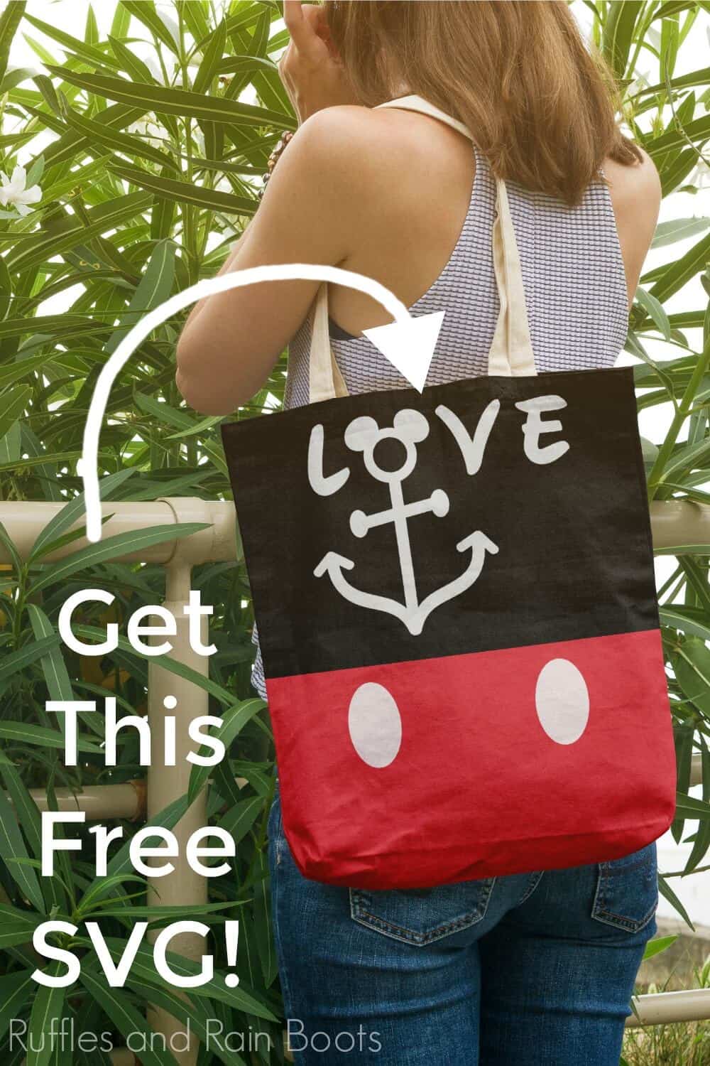 Free Disney Cruise SVG for Cricut Tote Bag being held by a lady with text which reads get this free svg