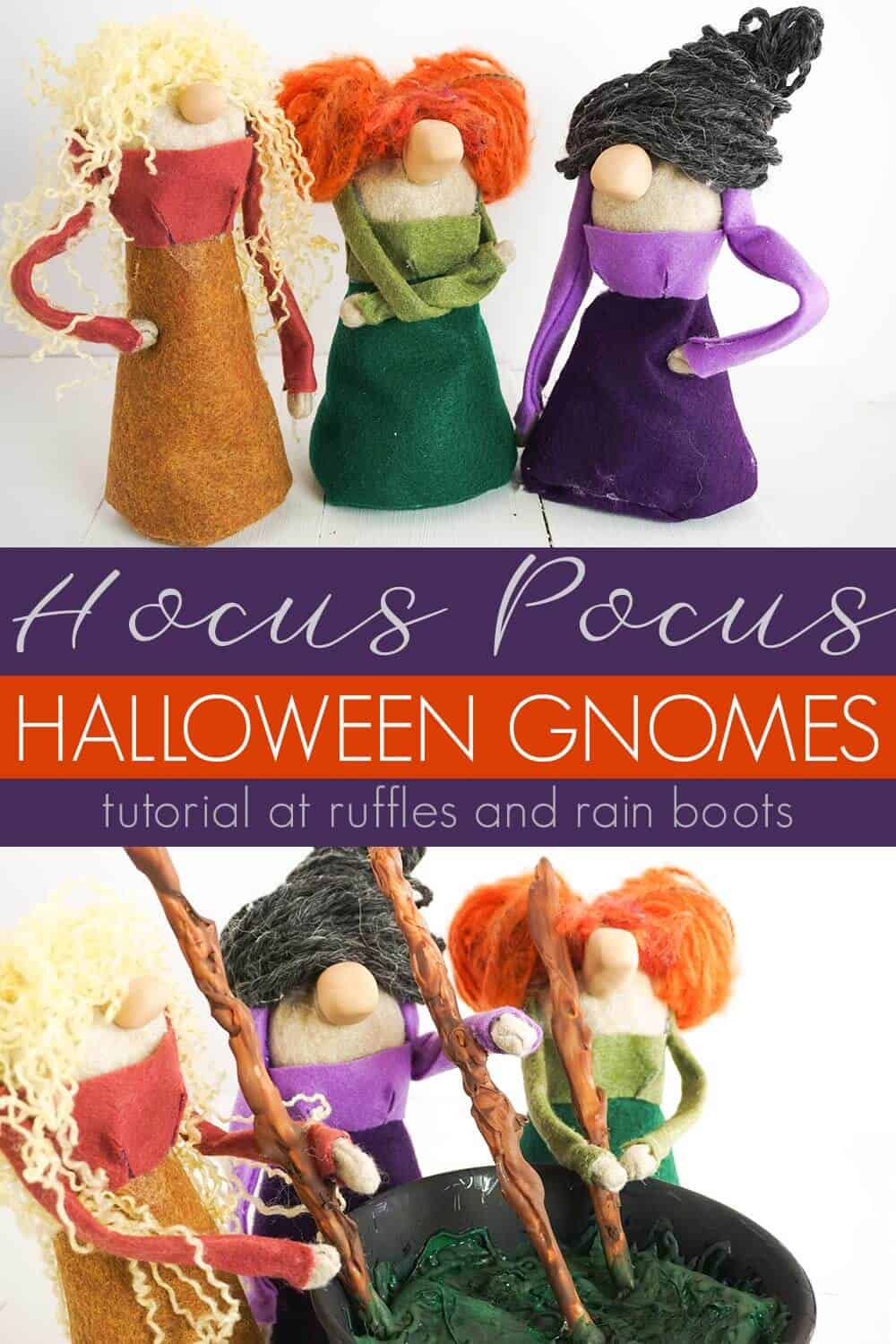 photo collage of Halloween Gnomes Sanderson Sisters Hocus Pocus with text which reads hocus pocus halloween gnomes
