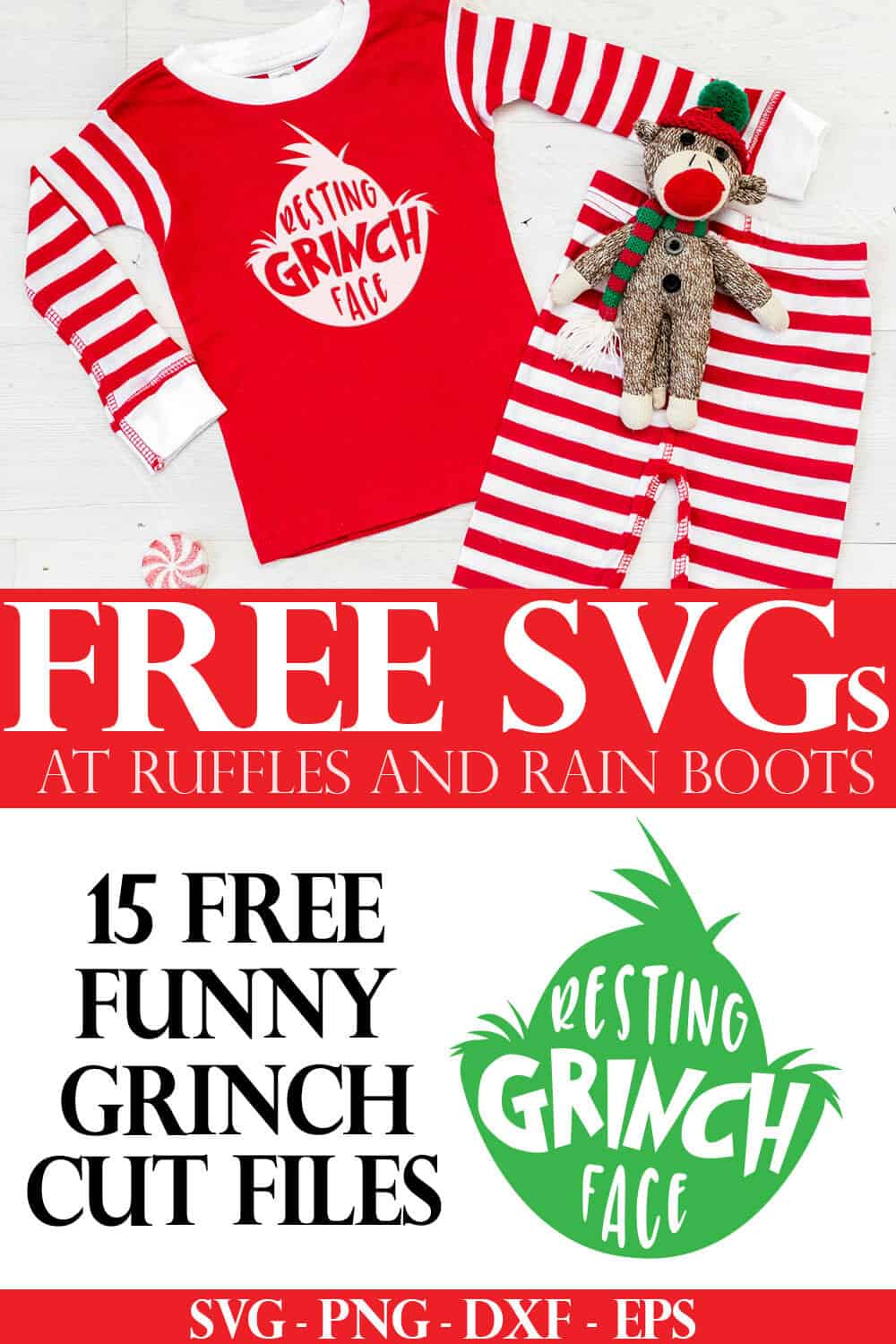 adorable Christmas pajamas made with free Grinch head SVG cut files for holiday crafts with text which reads free svg from ruffles and rain boots