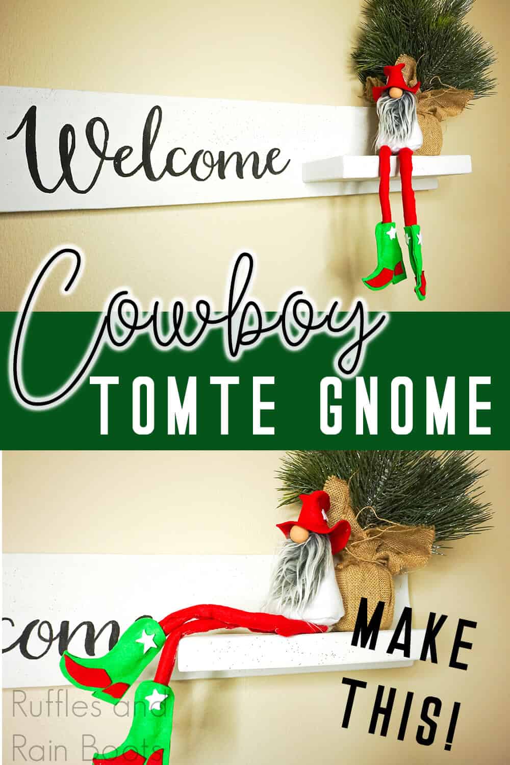 photo collage of christmas gnome with a cowboy hat with text which reads cowboy tomte gnome