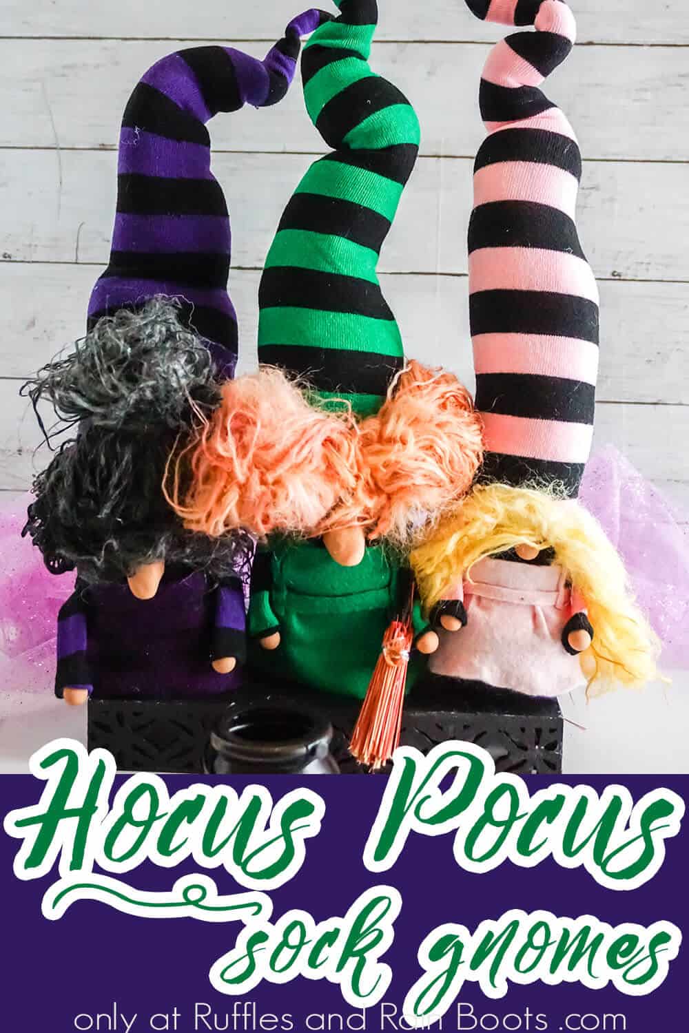 three witch sister gnomes for the hocus pocus movie with text which reads hocus pocus sock gnomes