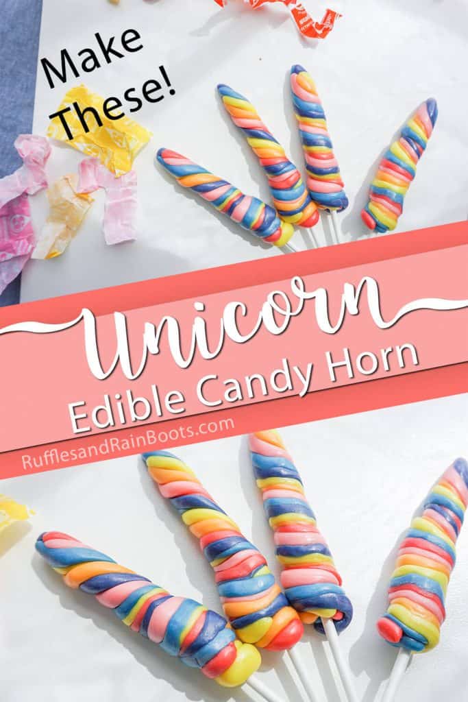 photo collage of kid-made unicorn horn made from candy with text which reads unicorn edible candy horn make these!