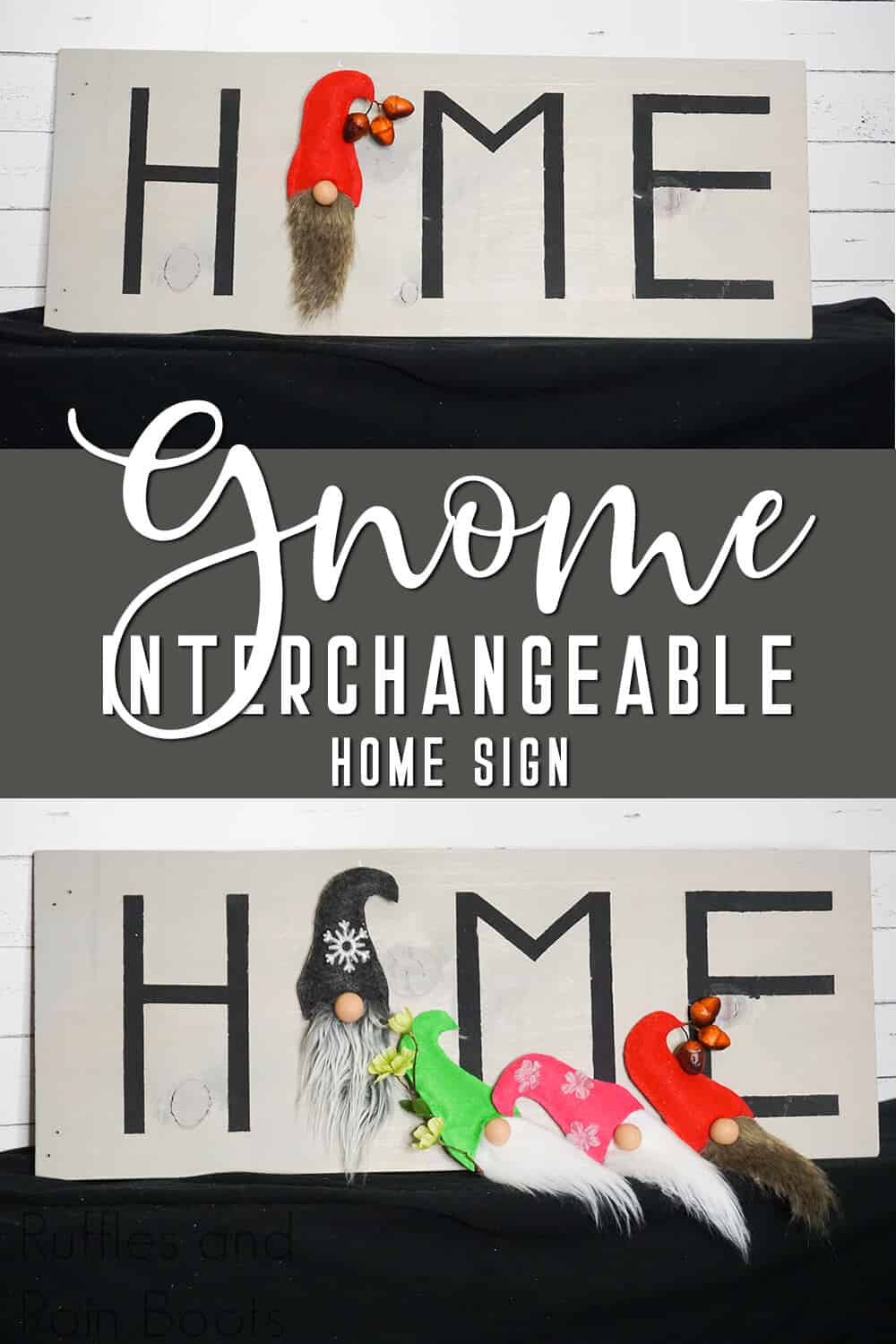 photo collage of nisse sign for the seasons with text which reads gnome interchageable home sign