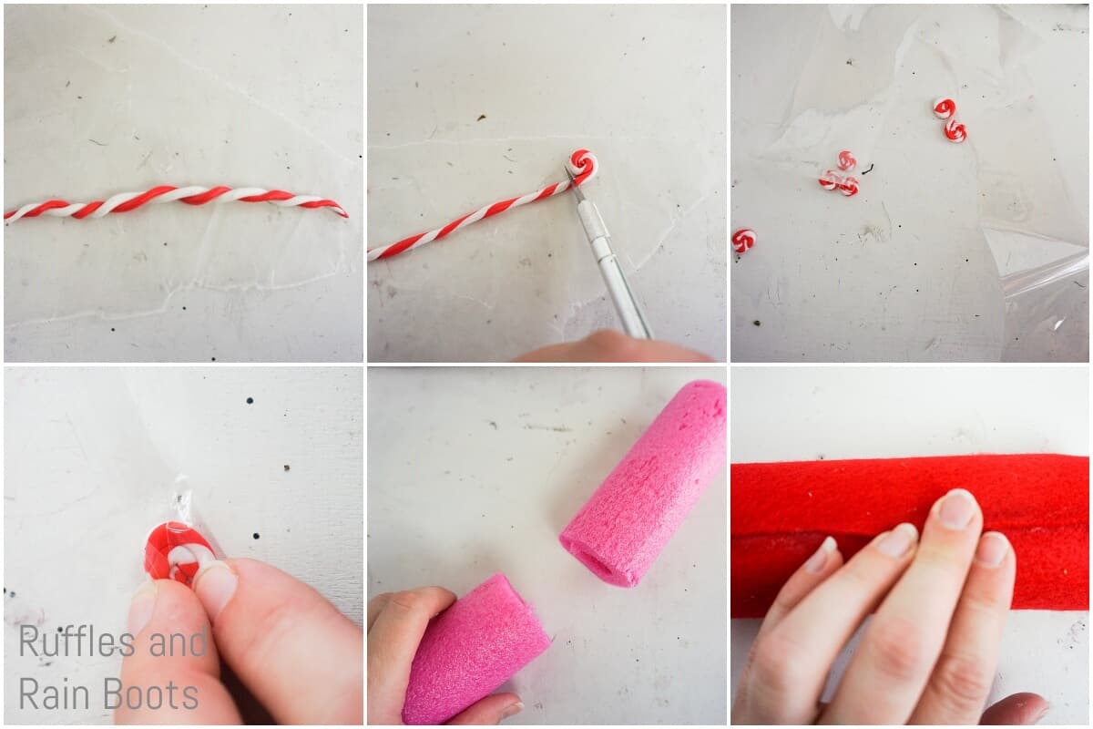 photo collage tutorial of how to make a peppermint gnome by making tiny peppermints and cutting a pool noodle