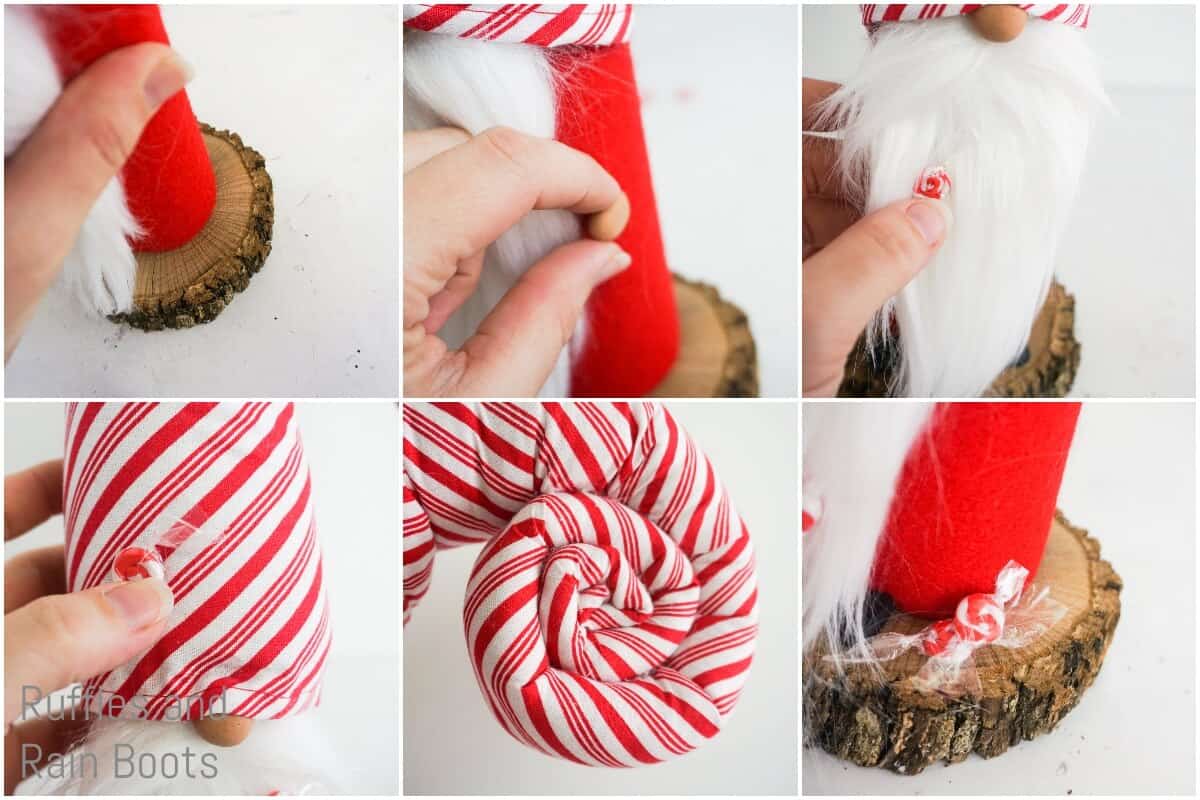 photo tutorial of how to make a peppermint gnome by putting together details like the peppermints and hands