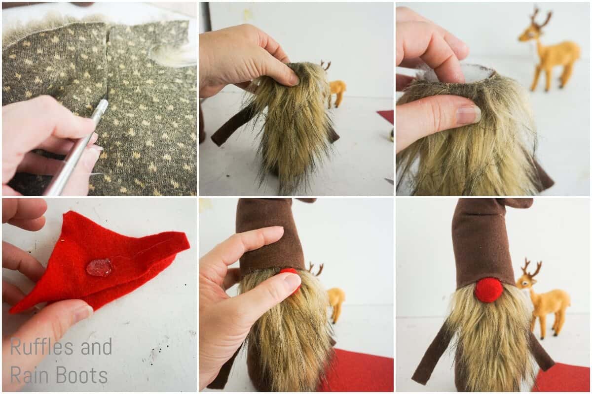 photo tutorial of how to make a reindeer gnome beard and nose
