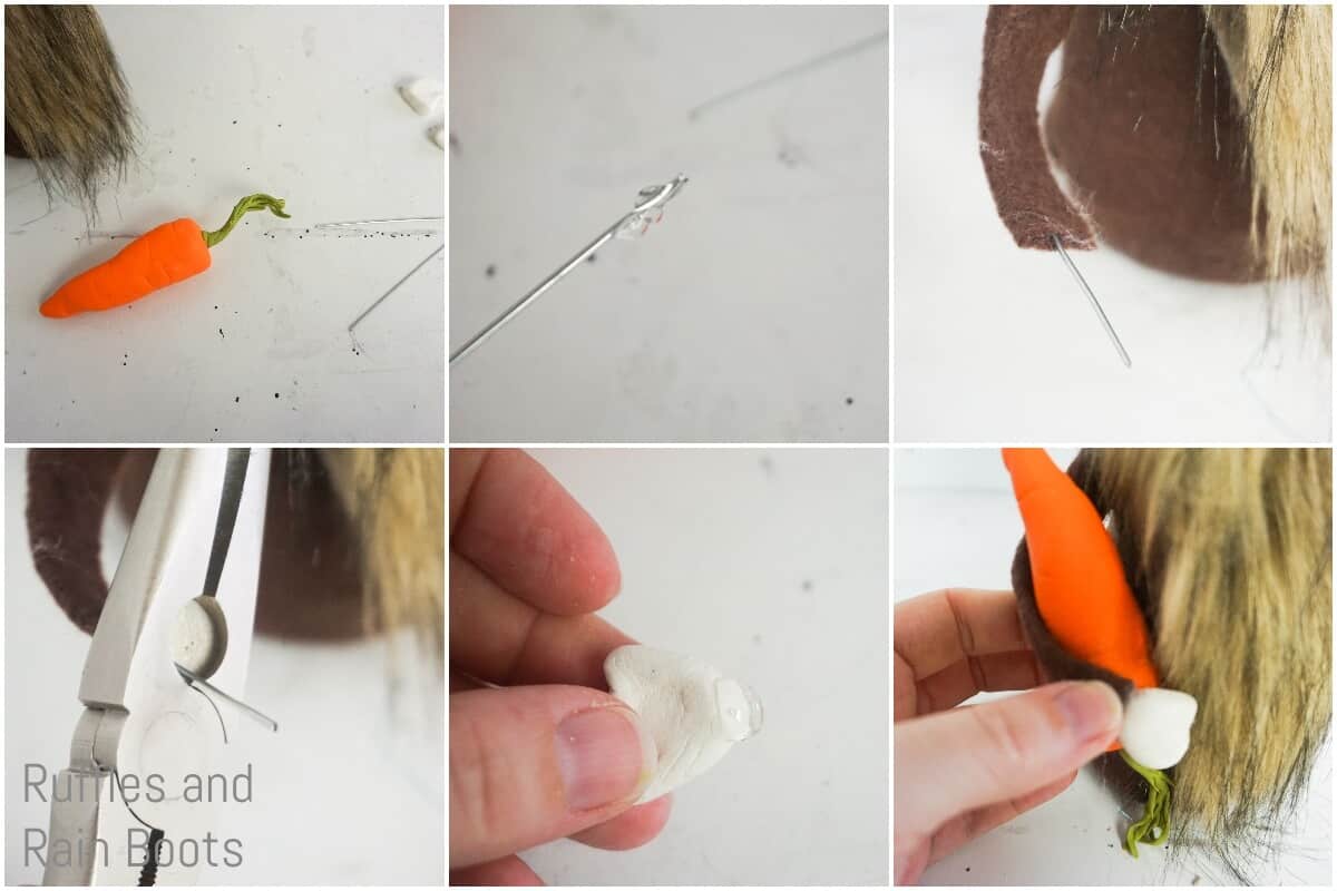 photo tutorial of how to make a reindeer gnome by adding a clay carrot and hands