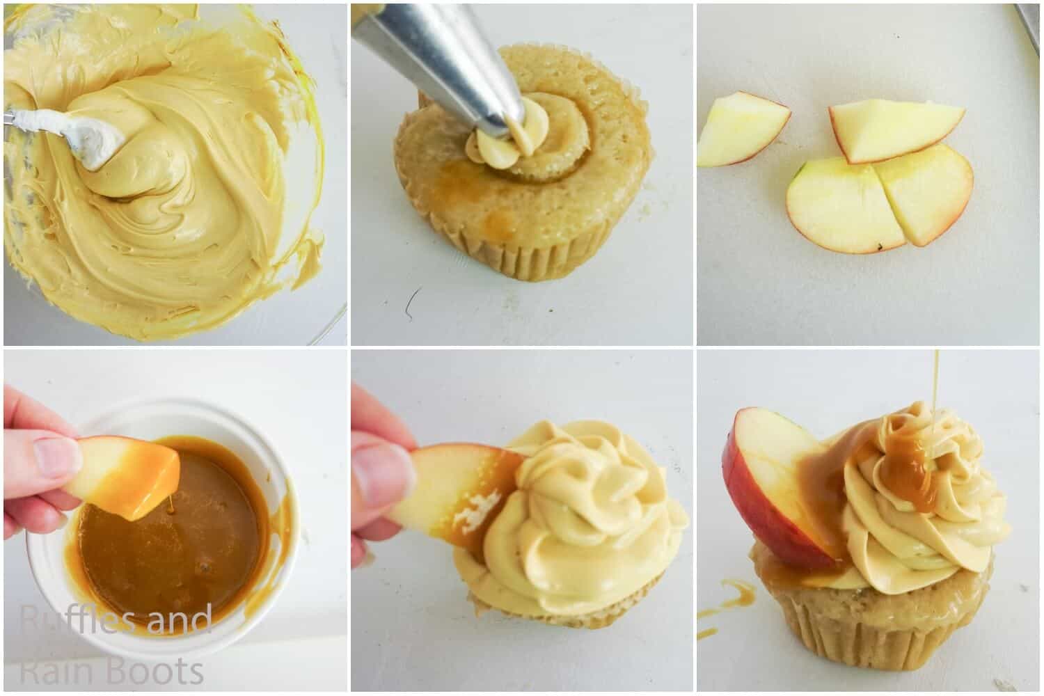 photo collage tutorial of how to make apple cupcakes with caramel