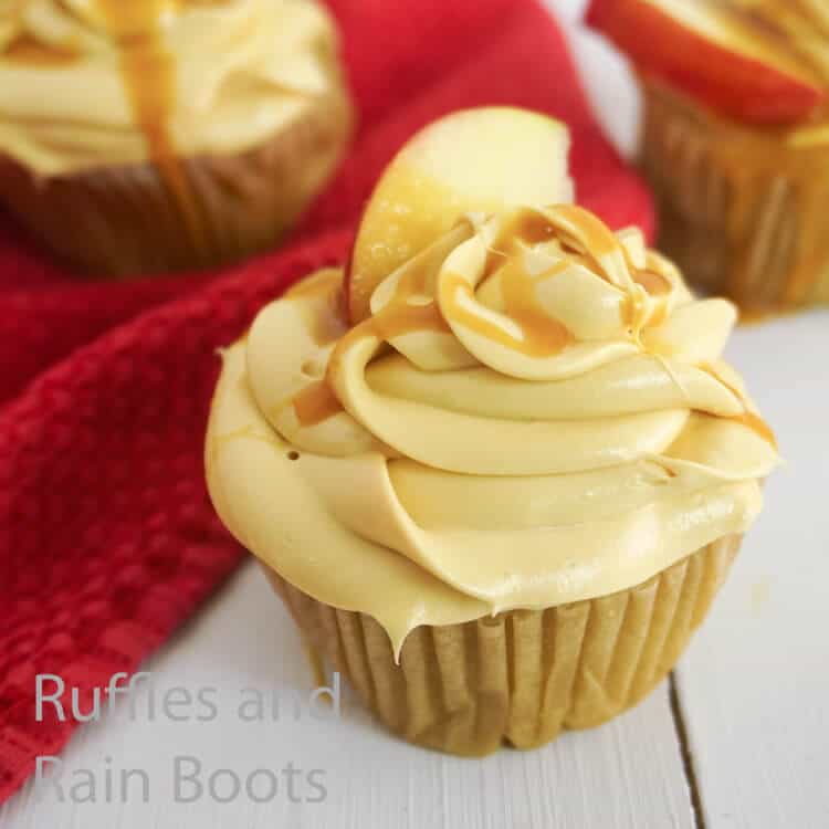 how to make fall cupcakes with caramel apple flavoring on a white wood table with a red linen