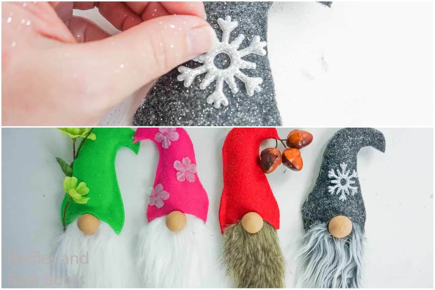 photo collage tutorial of how to make seasonal home sign by adding details to each gnome face