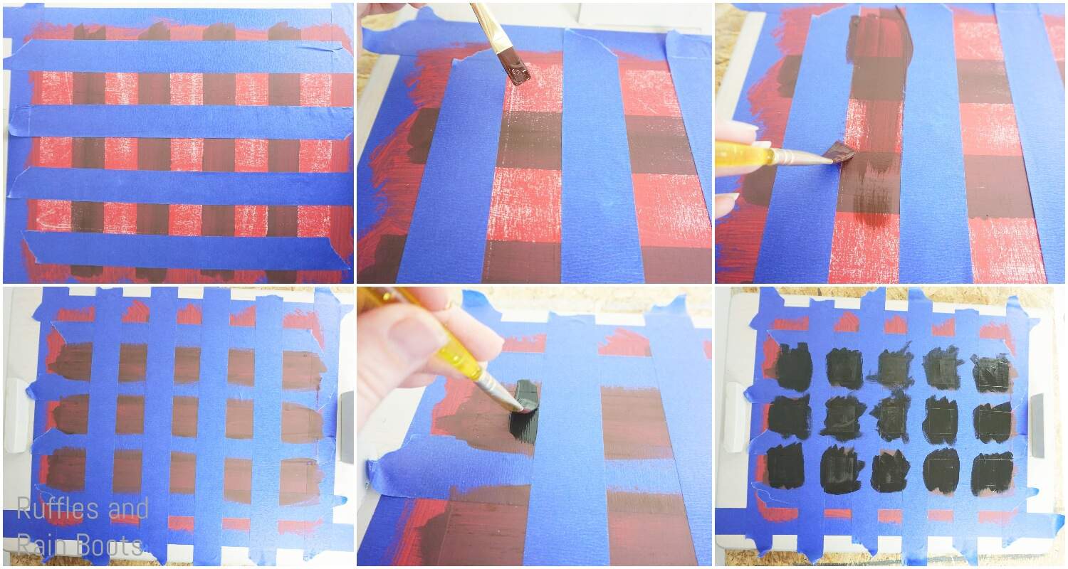 photo tutorial of how to paint buffalo check pattern on an upcycled cutting board for a christmas tray