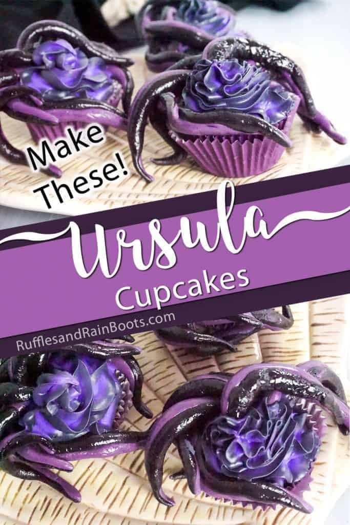 photo collage of purple and black cupcakes with tentacles with text which reads make these ursula cupcakes