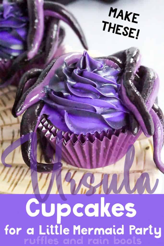 closeup of purple and black cupcakes on a seashell plate with text which reads make these ursula cupcakes