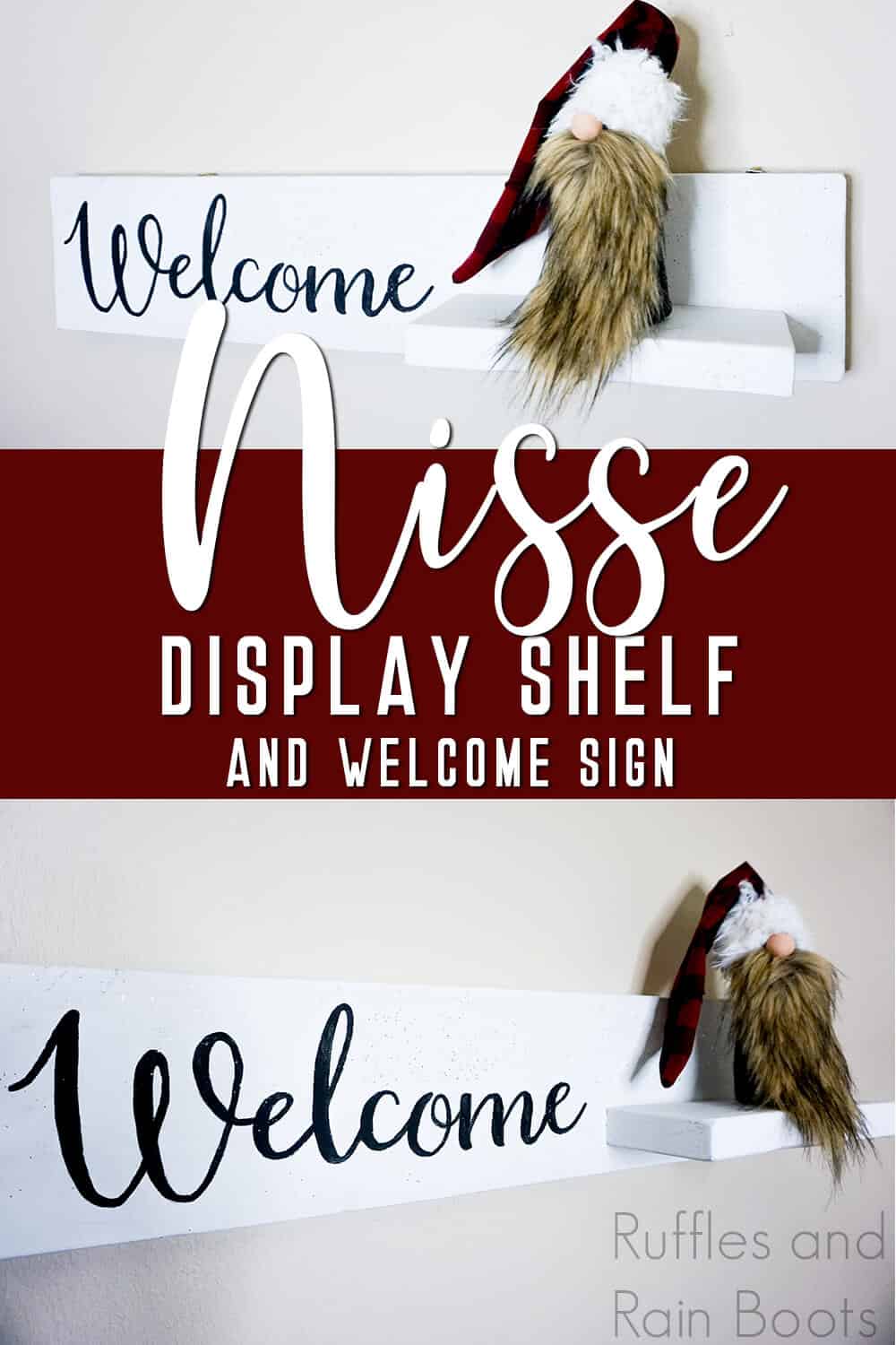 photo collage of floating shelf with a sign to show off gnomes with text which reads nisse display shelf and welcome sign