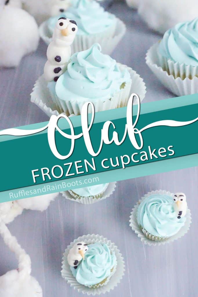 photo collage of easy frozen cupcakes with text which reads olaf frozen cupcakes