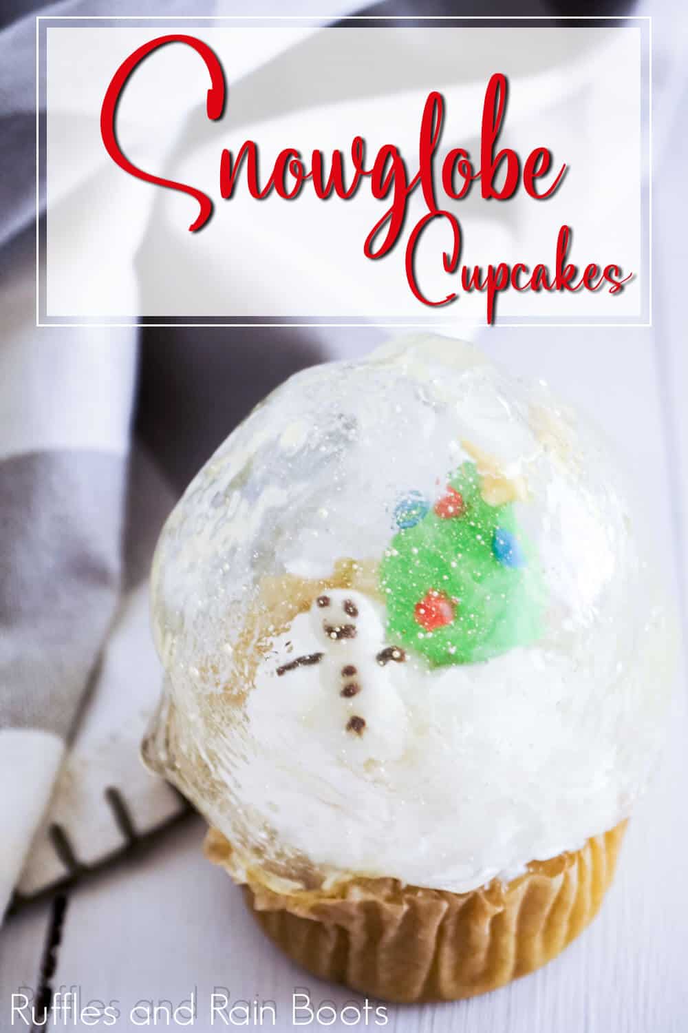 close-up of snow globe cupcake made with sugar glass dome with text which reads snowglobe cupcakes
