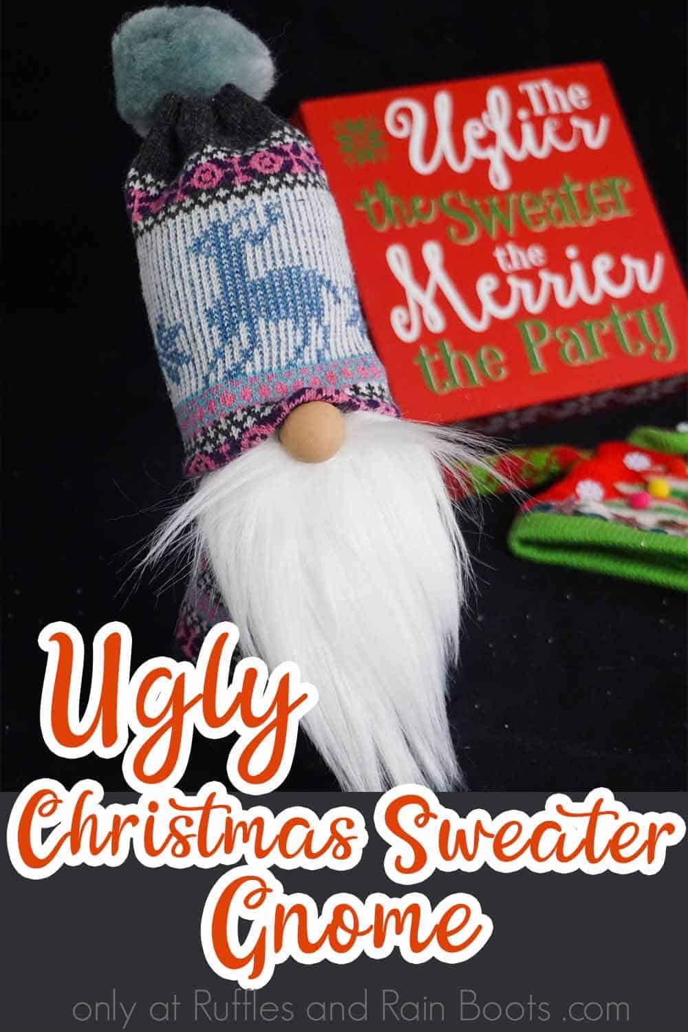ugly christmas sweater sock gnome on a black background with text which reads ugly christmas sweater gnome