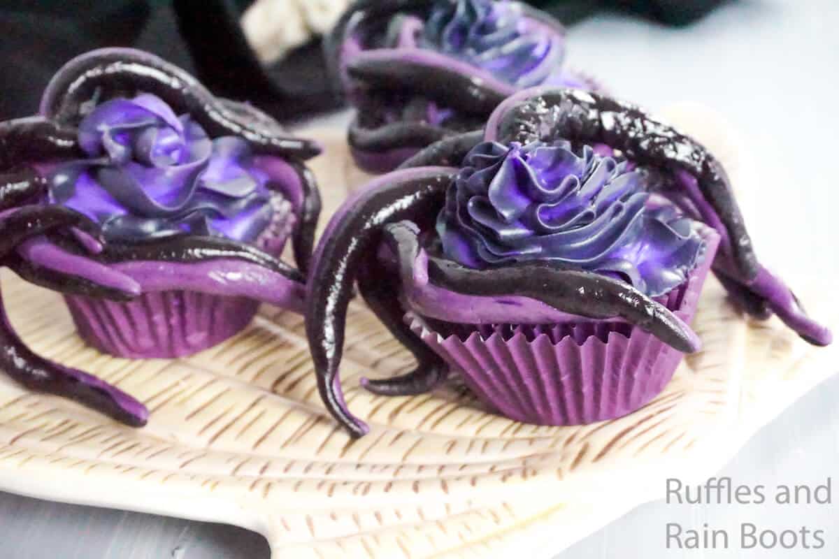side view of ursula cupcakes with marshmallow fondant tentacles