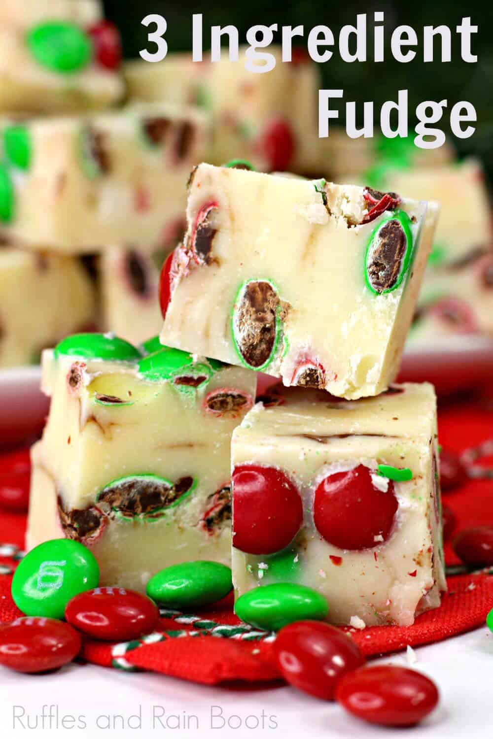 closeup of fudge for christmas with text which reads 3 ingredient Holiday Fudge Recipe for Kids