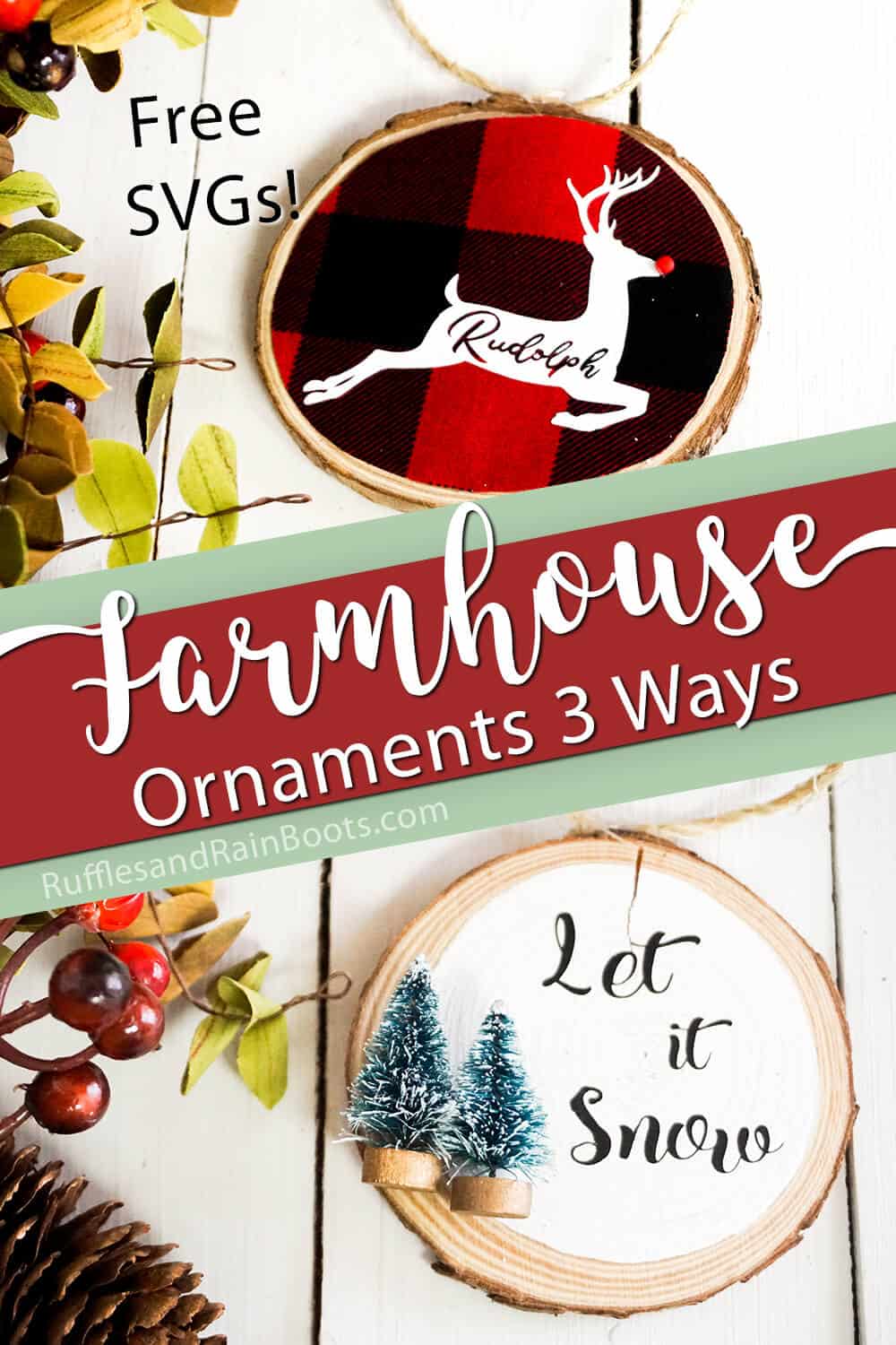 photo collage of wood chip ornaments made on the cricut with text which reads Free SVGs Farmhouse Ornaments 3 ways
