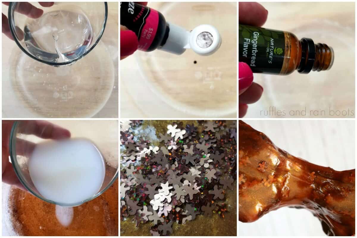 photo collage tutorial of How to Make Glitter Gingerbread Slime for Christmas