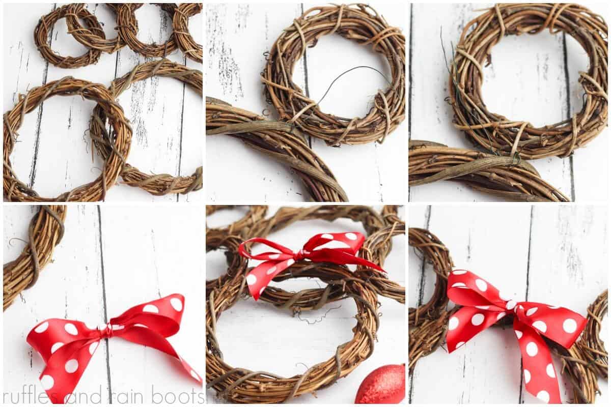 photo collage tutorial of How to Make a DIY Mickey Mouse wreath Minnie Mouse Ornament