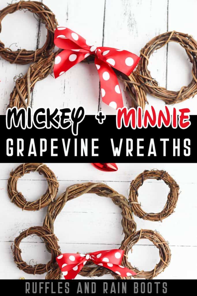 photo collage of Minnie Mouse Wreath Mickey Mouse Grapevine Wreath with text which reads mickey & minnie grapevine wreaths