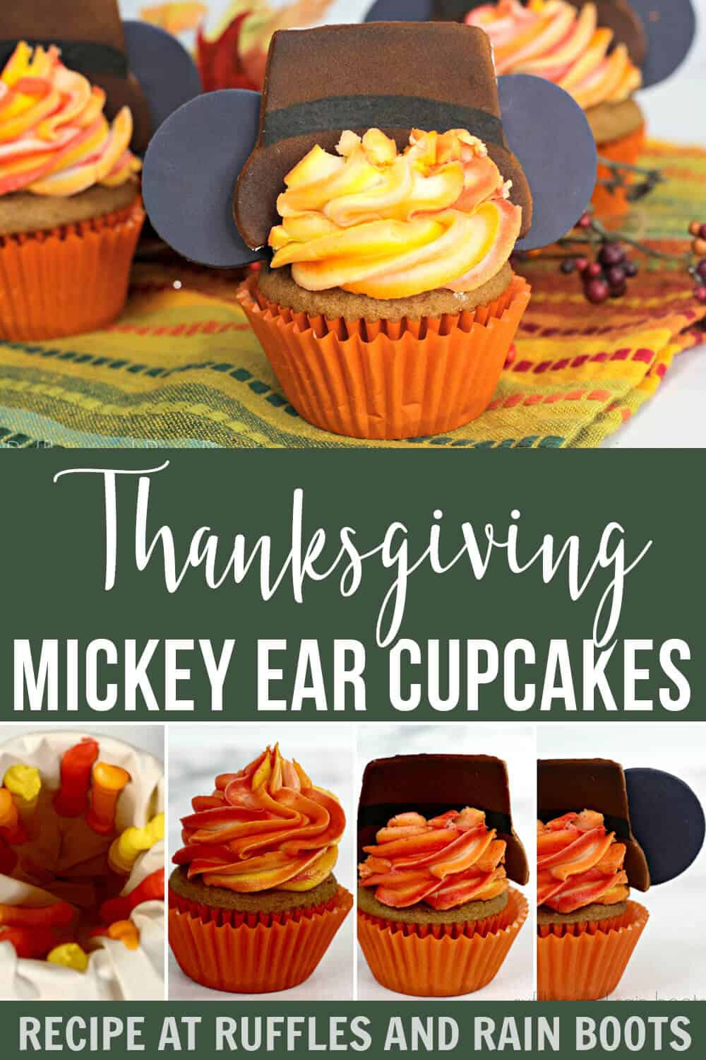 collage of Thanksgiving dessert mini cakes on fall background with spice cake cupcakes and text which reads Thanksgiving mickey ear cupcakes
