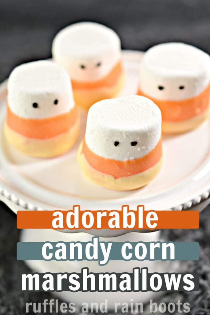 candy corn marshmallow recipe for Halloween on a cupcake platter with text which reads adorable candy corn marshmallows