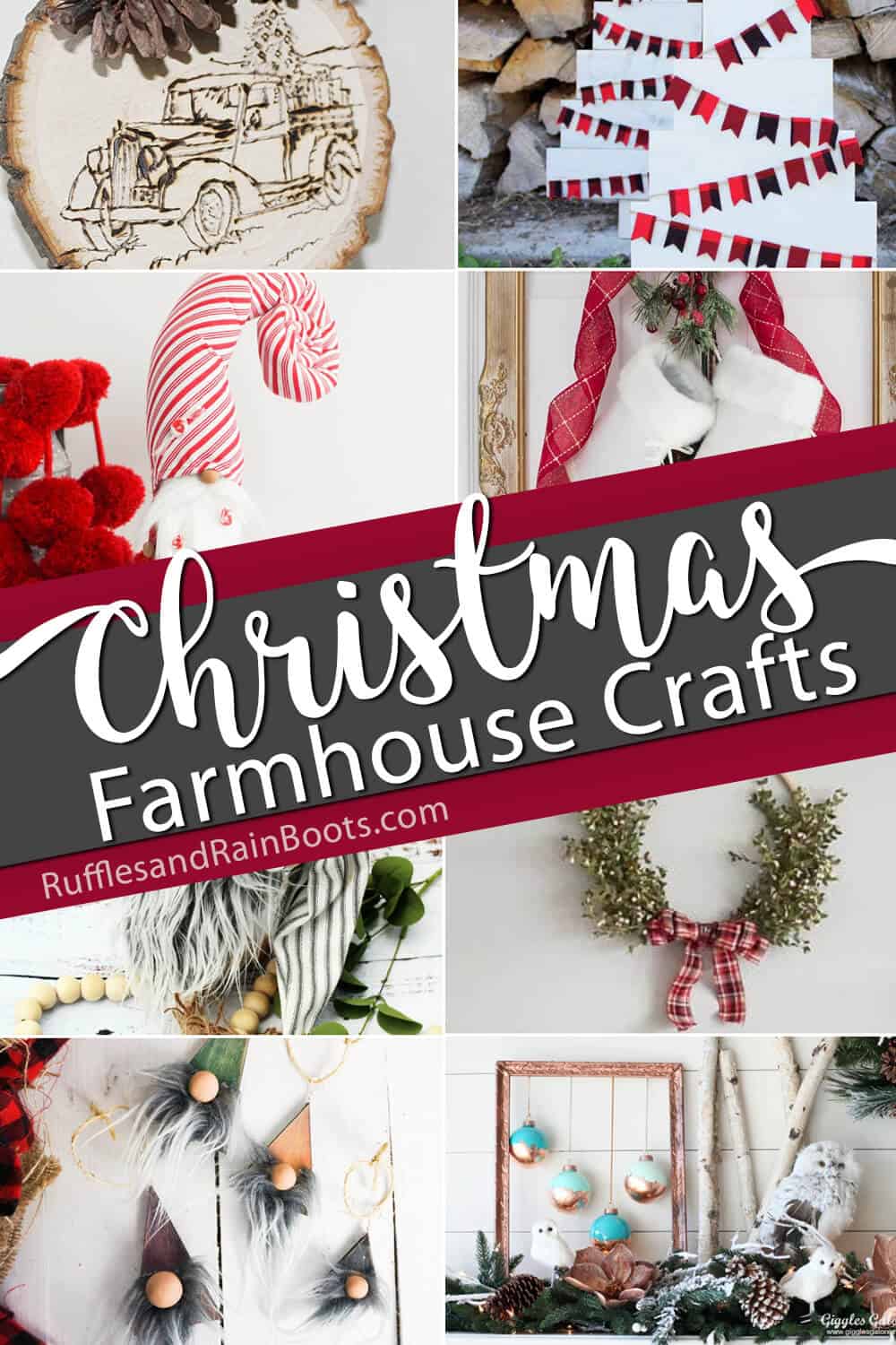 photo collage of holiday farmhouse decor DIY ideas with text which reads christmas farmhouse crafts