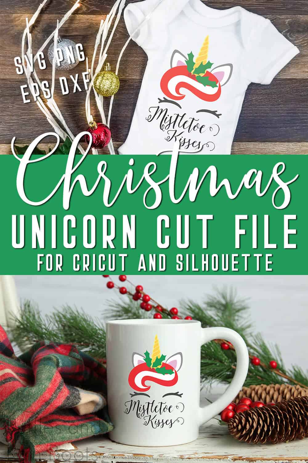photo collage of christmas unicorn cut files for cricut with text which reads christmas unicorn cut file for cricut and silhouette