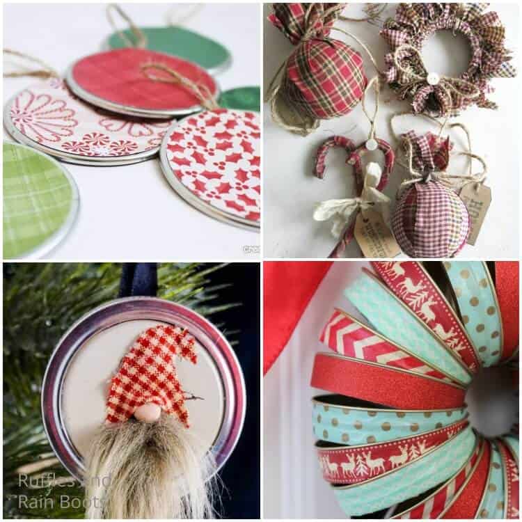 photo collage of diy christmas crafts using mason jar lids S