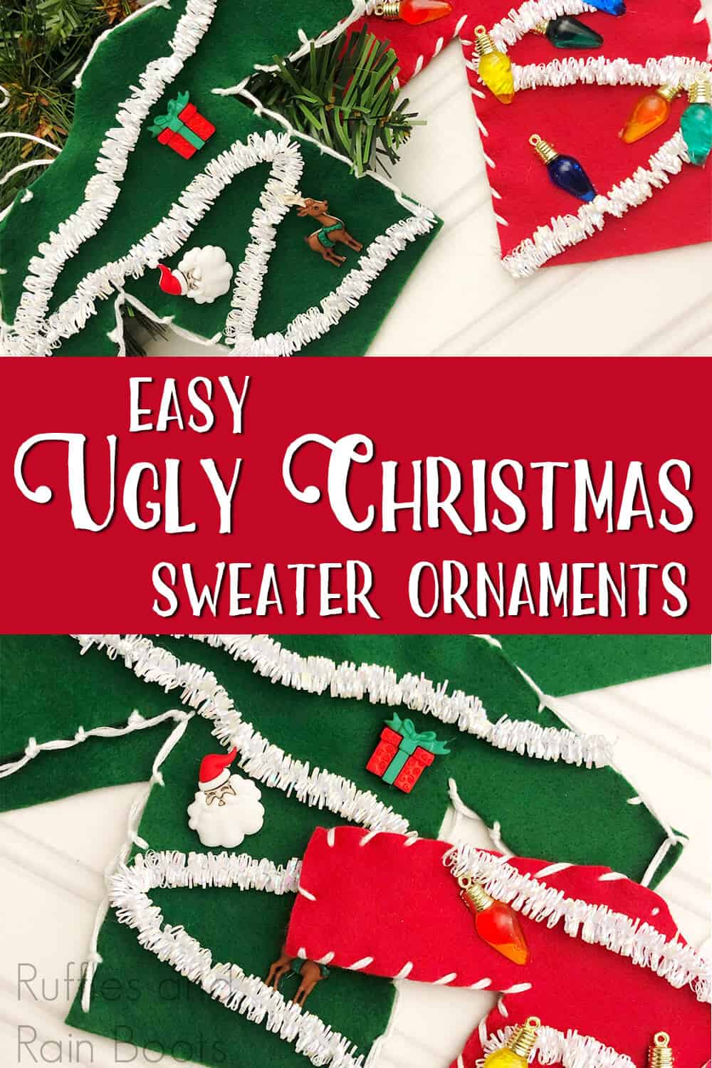photo collage of easy christmas craft for kids with text which reads easy ugly christmas sweater ornament tutorial