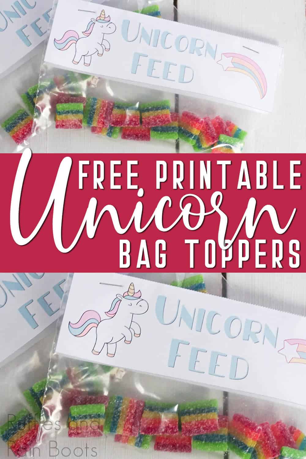 photo collage of rainbow candy in a zipper bag with a unicorn food bag top with text which reads free printable unicorn bag toppers for kids lunches