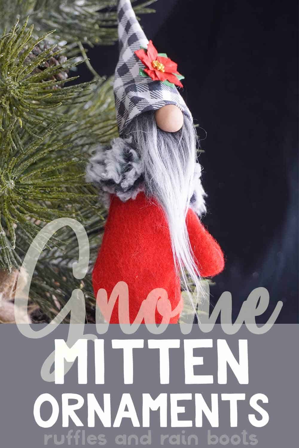closeup of gnome in a mitten for a christmas ornament with text which reads gnome mitten ornaments