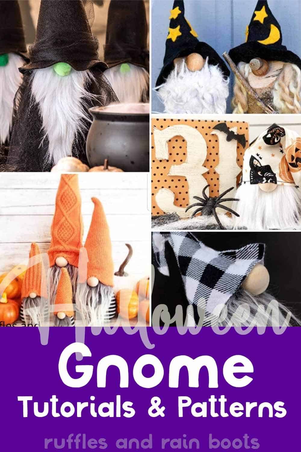 photo collage of halloween nisser with text which reads halloween gnome tutorials & patterns