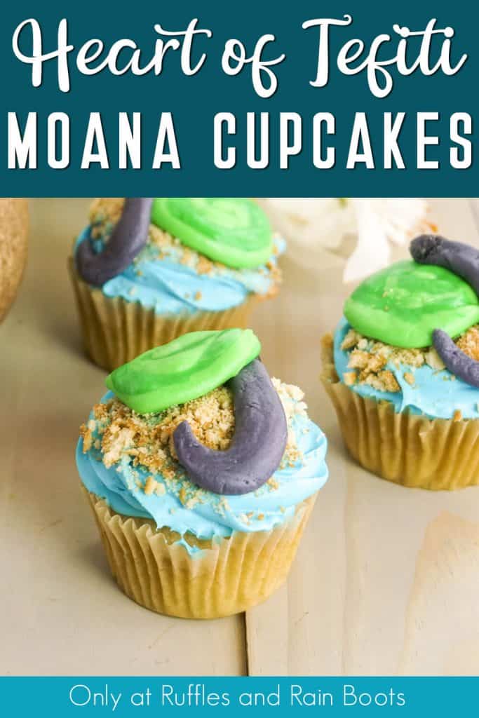 overhead vcupcakes for a moana party with text which reads heart of tefiti moana cupcakes