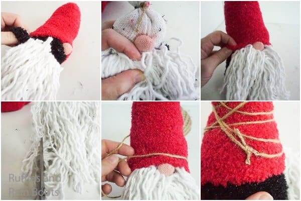photo collage tutorial of how to make a dollar store gnome with a twine wrapped hat