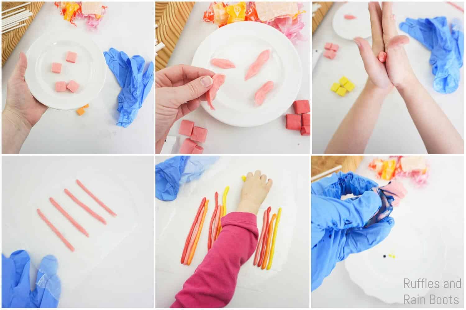 photo collage of how to make a unicorn horn from candy