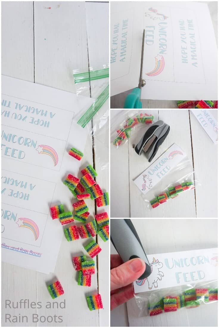 photo collage tutorial of how to make a unicorn treat bag topper