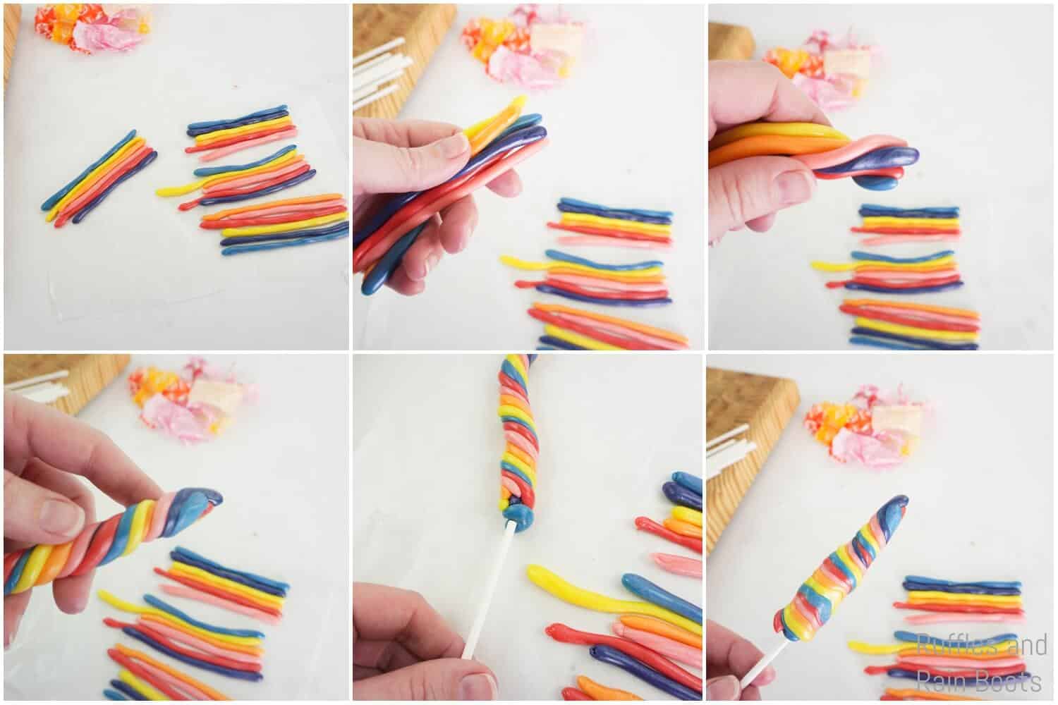 photo collage of how to make an edible unicorn horn from candy