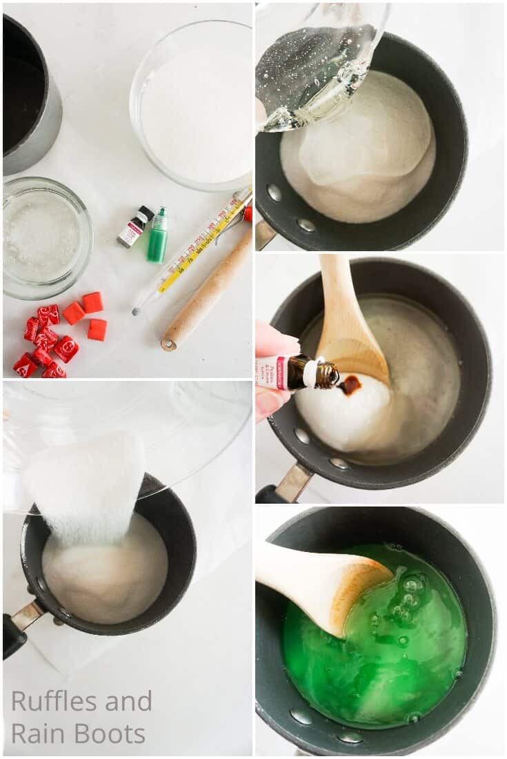 photo collage tutorial of how to make grinch lollipops at home