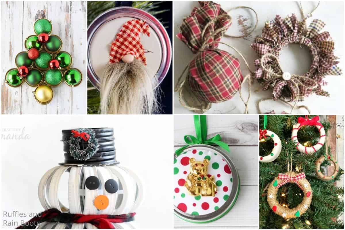 photo collage of how to make holiday wreaths with mason jar lids S