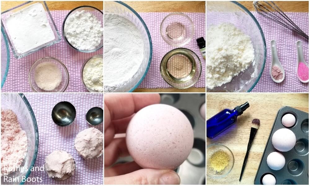 Photo collage of how to make painted bath bombs.