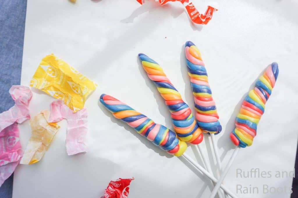 kid-friendly candy unicorn horn treat on a white table