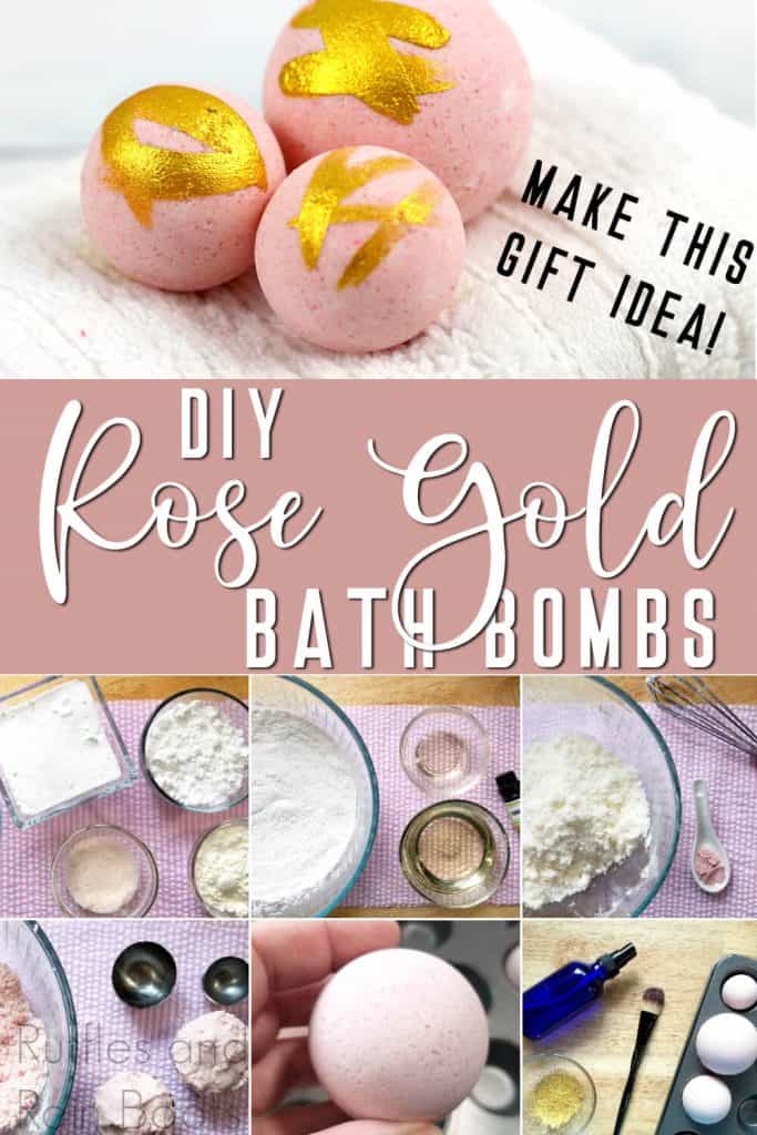 photo collage of how to make millennium pink bath bombs with text which reads make this gift idea diy rose gold bath bombs