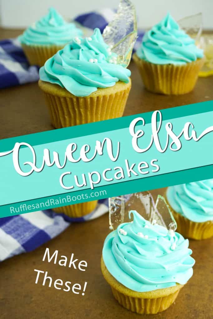 photo collage of blue cupcakes with candy ice with text which reads queen elsa cupcakes