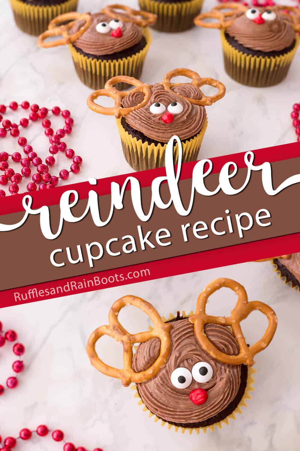 photo collage of cupcakes look like reindeer with text which reads reindeer cupcake recipe for christmas